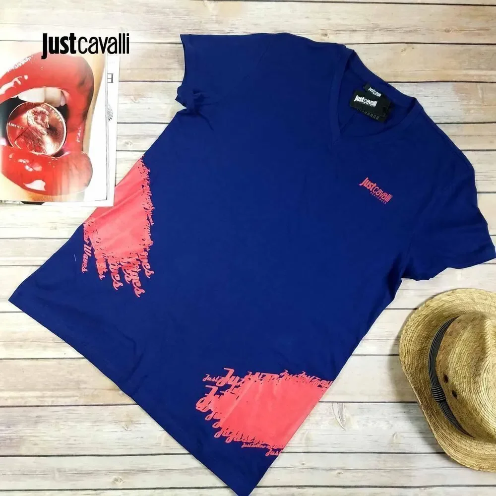 New Just Cavalli Men XS / 46 Navy Blue T-Shirt Red Print V-Neck Top Cotton - Picture 1 of 5